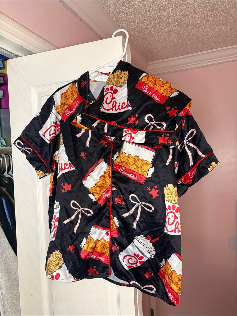 NWOT Chick-Fil-A Inspired Black Satin Short Pajama Top & Shorts